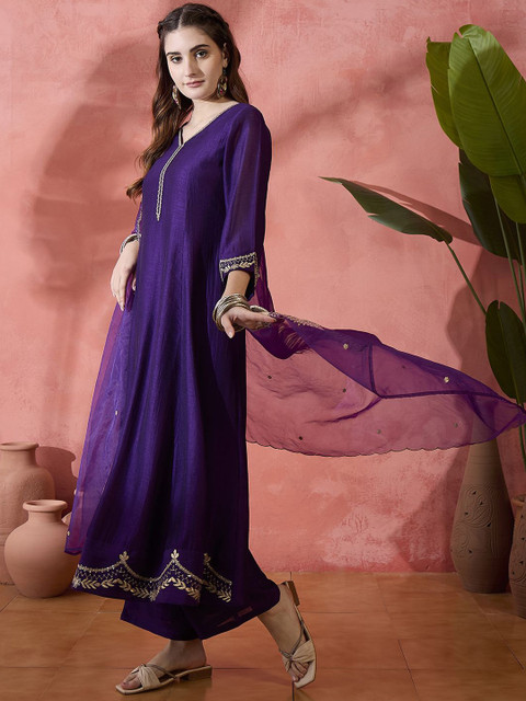 Sangria Floral Embroidered V-Neck A-Line Kurta With Trousers & Dupatta - Image 5