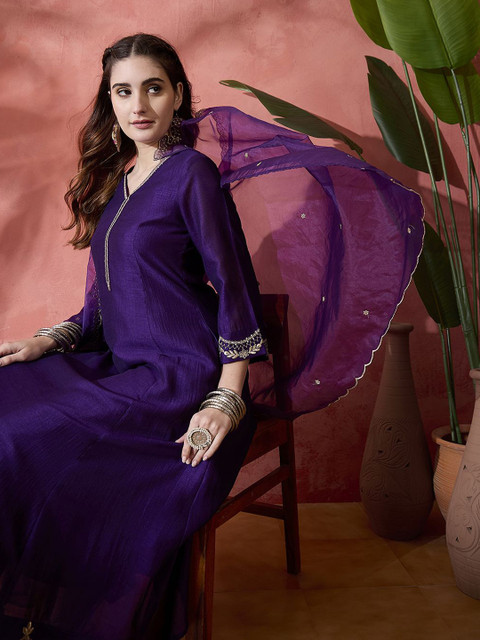 Sangria Floral Embroidered V-Neck A-Line Kurta With Trousers & Dupatta - Image 7