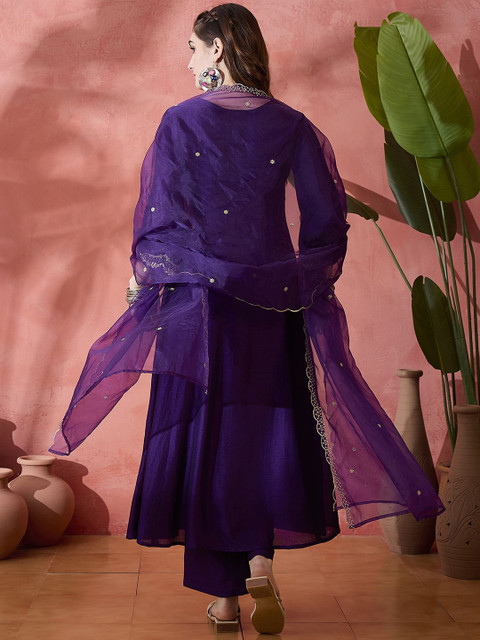 Sangria Floral Embroidered V-Neck A-Line Kurta With Trousers & Dupatta - Image 6