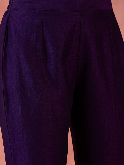 Sangria Floral Embroidered V-Neck A-Line Kurta With Trousers & Dupatta - Image 3