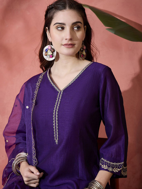 Sangria Floral Embroidered V-Neck A-Line Kurta With Trousers & Dupatta - Image 2
