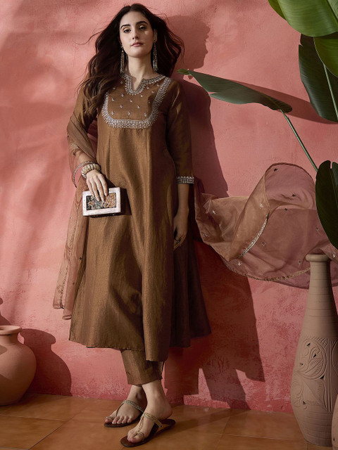 Sangria Floral Embroidered Sequinned A-Line Kurta With Trousers & Dupatta