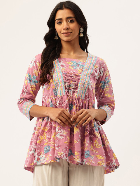 FERANOID Floral Printed Pure Cotton Peplum Top