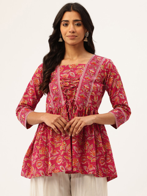 FERANOID Floral Printed Pure Cotton Peplum Top