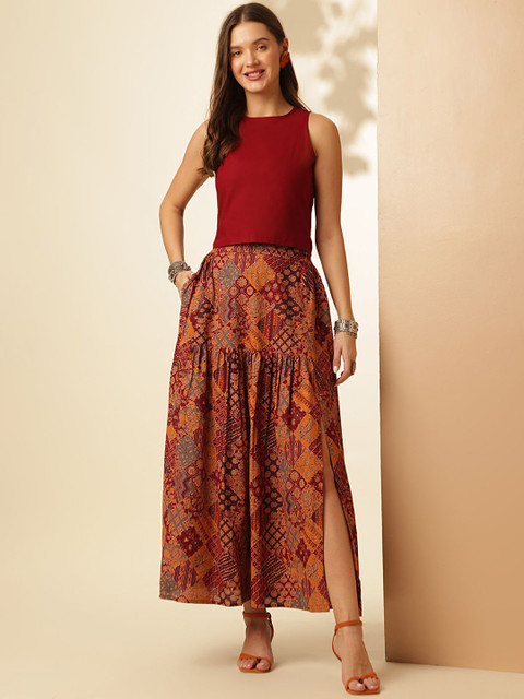 Anouk Maroon Boat Neck Sleeveless Pure Cotton Crop Top & Skirt