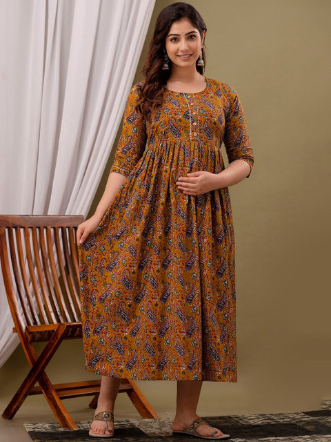 MURLI KURTI Floral Printed Round Neck Maternity Cotton Fit and Flare Dress - Image 3