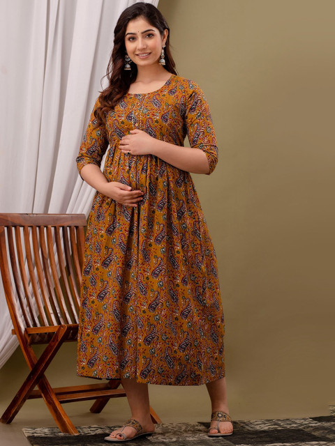 MURLI KURTI Floral Printed Round Neck Maternity Cotton Fit and Flare Dress - Image 4