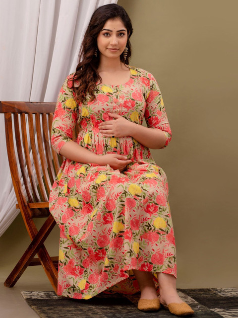 MURLI KURTI Floral Printed Round Neck Maternity Cotton Fit and Flare Dress - Image 6