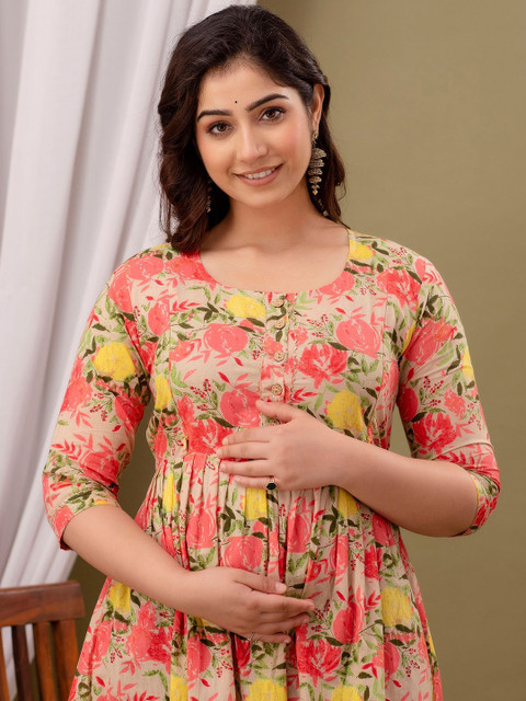 MURLI KURTI Floral Printed Round Neck Maternity Cotton Fit and Flare Dress - Image 7