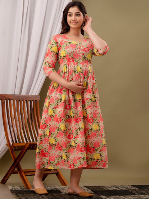 MURLI KURTI Floral Printed Round Neck Maternity Cotton Fit and Flare Dress - Image 3