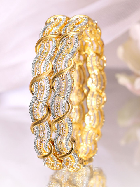 Rubans Set of 2 Rhodium & 18K Gold-Plated Cubic Zirconia Studded Premium Bangles