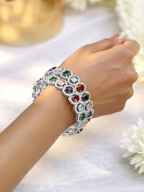 Rubans Rhodium-Plated Multicolor Cubic Zirconia Studded Premium Bangles - Image 2