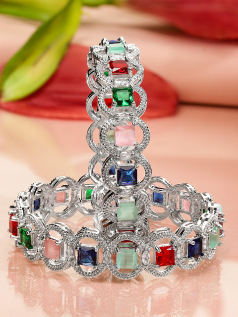 Rubans Rhodium-Plated Multicolor Cubic Zirconia Studded Premium Bangles - Image 3
