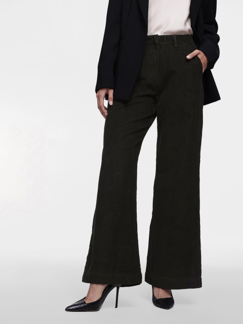 French Connection Women Textured Wide Leg Pure Cotton Corduroy Trousers