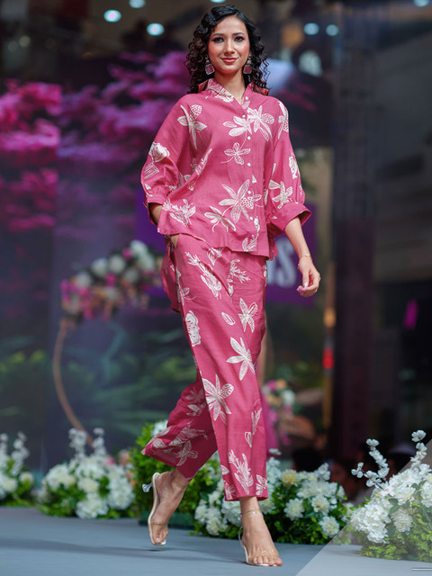 Libas Floral Printed Shirt Collar Kimono Sleeves Shirt With Trouser