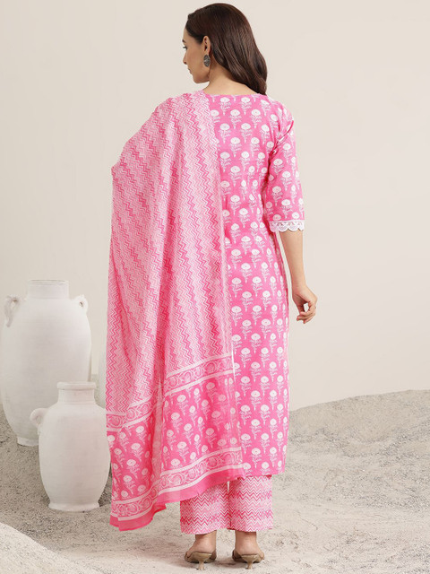 Libas Pink Floral Printed V-Neck Sequinned Straight Kurta With Trousers & Dupatta - Image 5