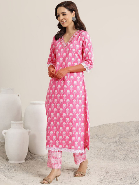 Libas Pink Floral Printed V-Neck Sequinned Straight Kurta With Trousers & Dupatta - Image 4