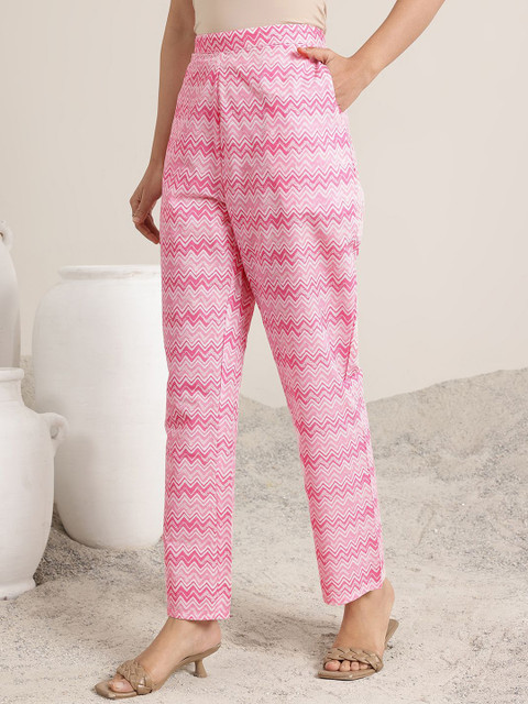 Libas Pink Floral Printed V-Neck Sequinned Straight Kurta With Trousers & Dupatta - Image 7