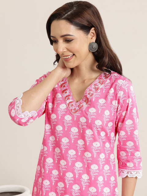 Libas Pink Floral Printed V-Neck Sequinned Straight Kurta With Trousers & Dupatta - Image 6