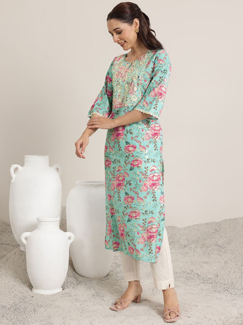 Libas Floral Printed Embroidered Notch Neck Kurta - Image 4