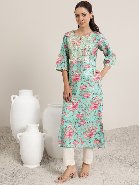 Libas Floral Printed Embroidered Notch Neck Kurta - Image 5