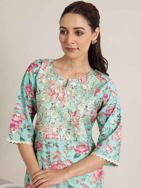 Libas Floral Printed Embroidered Notch Neck Kurta - Image 3