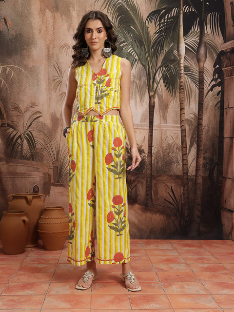 Sangria Floral Print Striped Cotton Co-Ords