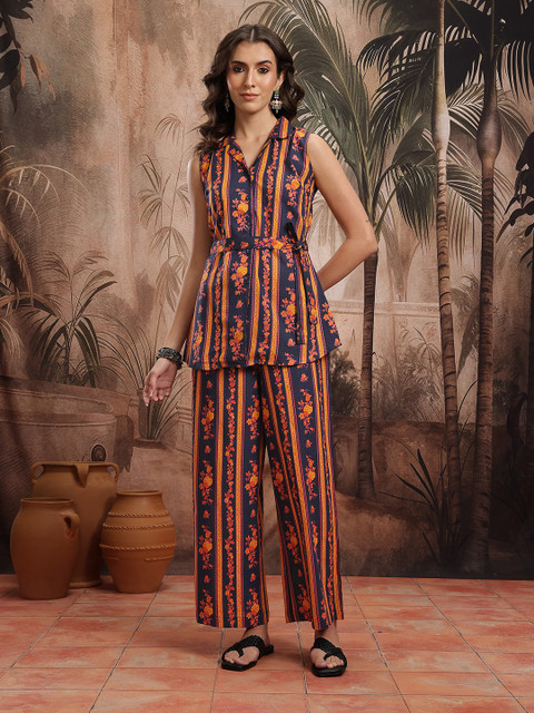 Sangria Floral Print Striped Cotton Co-Ords