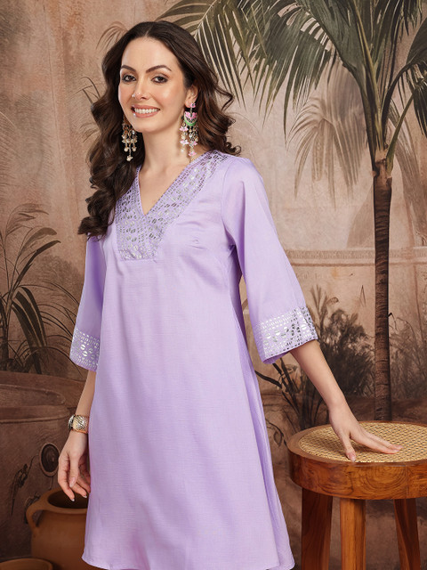 Sangria Geometric Yoke Design Foil Print A-Line Kurta with Salwar