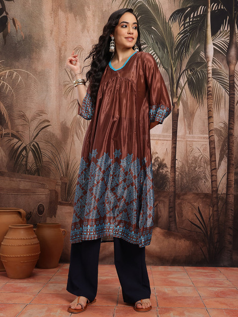 Sangria Satin Finish Printed Flared Sleeves Kurta