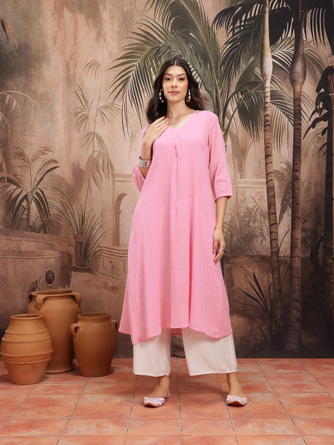 Sangria Women Crinkle A-Line Pure Cotton Calf Length Kurta