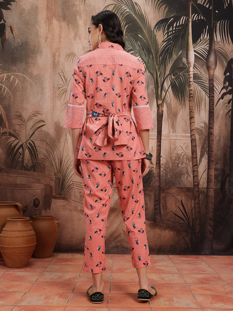 Sangria Ethnic Motifs Print Lace Inserts Shirt With Trousers Co-Ords With Tie-Ups - Image 6