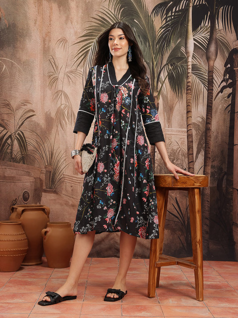 Sangria Floral Print Cotton A-Line Midi Ethnic Dress