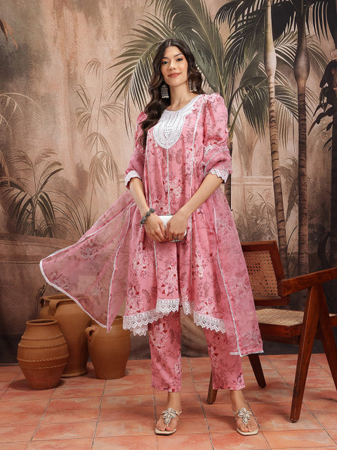 Sangria Floral Print Paneled Kurta with Trousers & Dupatta