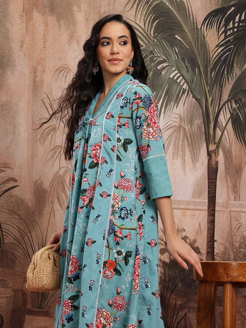 Sangria Cotton Schiffli Detail Floral Print Empire A-Line Dress