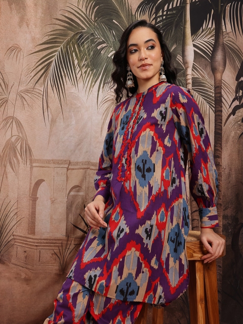Sangria Abstract Print High Low Hem Cotton Kurta with Trousers
