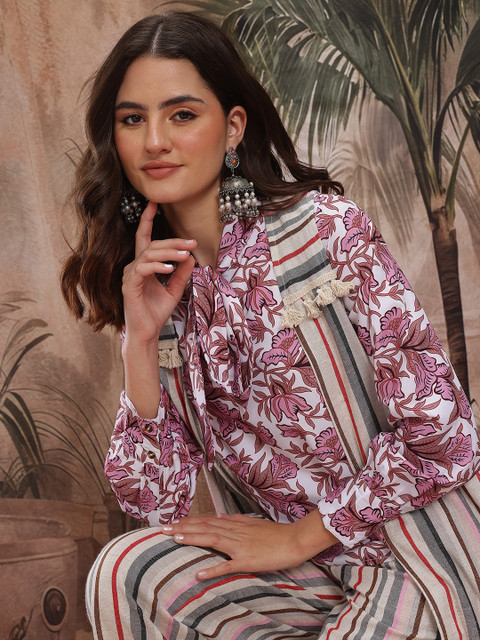 Sangria Floral Printed Co-Ords With Shrug