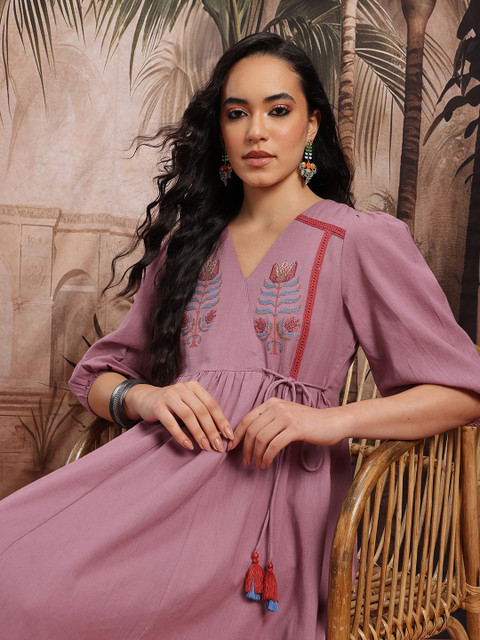 Sangria Ethnic Motifs Embroidered Wrap-Style Ethnic Dress