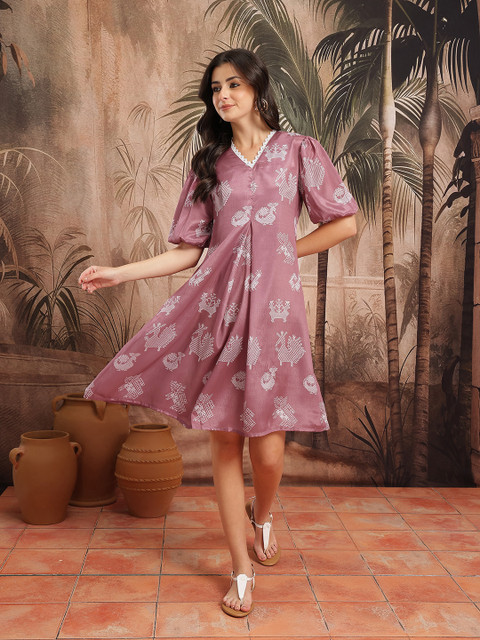 Sangria Tribal Print Gathered Detail Lace Inserts Puff Sleeves Ethnic A-Line Dress