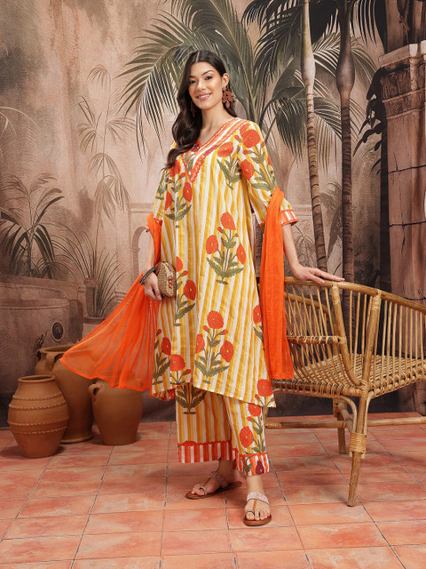 Sangria Women Floral Striped Pure Cotton Kurta with Palazzos & Dupatta - Image 8