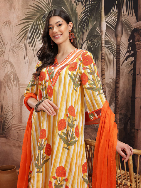 Sangria Women Floral Striped Pure Cotton Kurta with Palazzos & Dupatta - Image 2