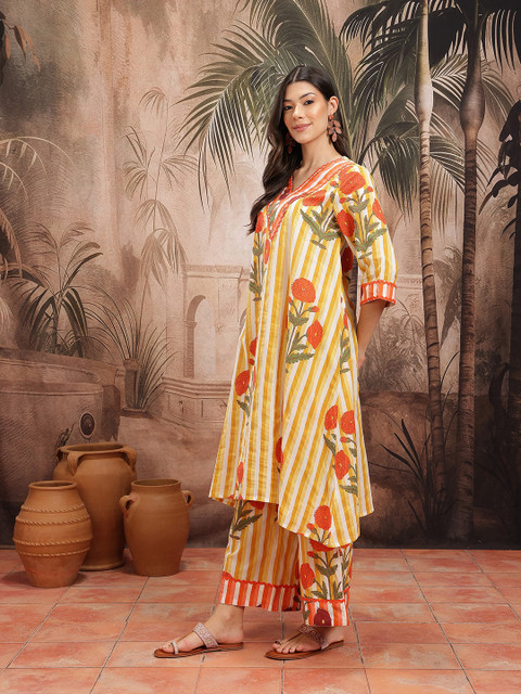 Sangria Women Floral Striped Pure Cotton Kurta with Palazzos & Dupatta