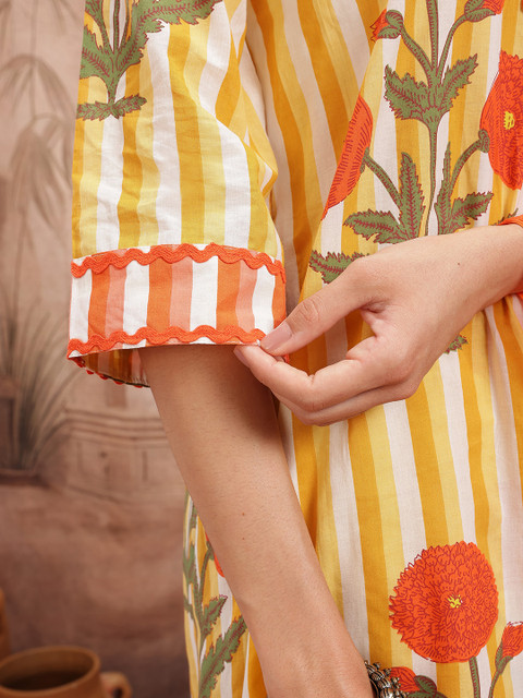 Sangria Women Floral Striped Pure Cotton Kurta with Palazzos & Dupatta - Image 9