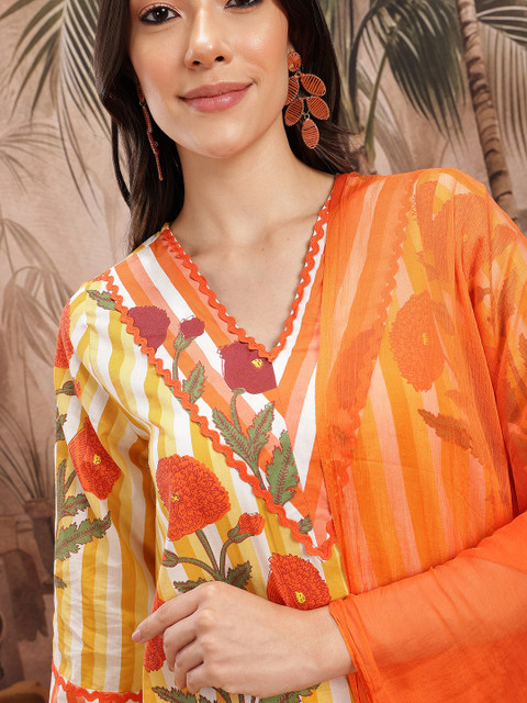 Sangria Women Floral Striped Pure Cotton Kurta with Palazzos & Dupatta - Image 3