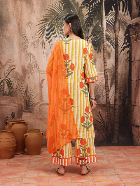 Sangria Women Floral Striped Pure Cotton Kurta with Palazzos & Dupatta - Image 7