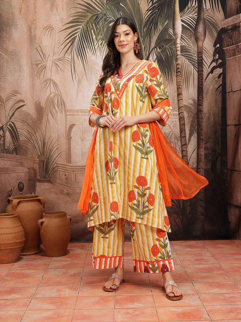 Sangria Women Floral Striped Pure Cotton Kurta with Palazzos & Dupatta - Image 6