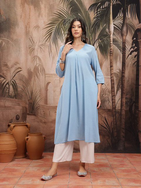 Sangria Women Pure Cotton Crinkled A-Line Calf-Length Republic Day Republic Day Kurta
