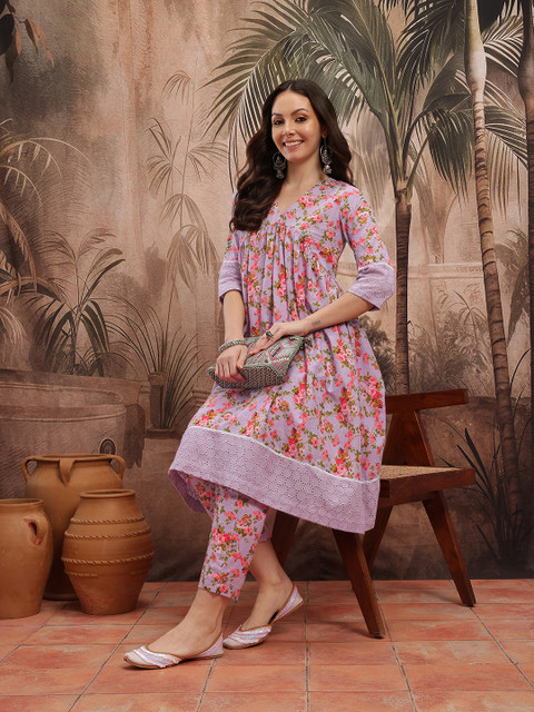 Sangria Floral Print Empire Lace Insert Detail Pure Cotton A-Line Kurta with Trousers