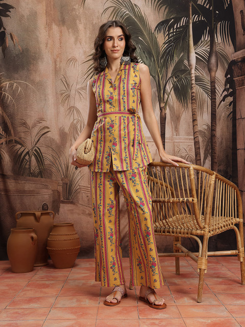 Sangria Floral Print Striped Cotton Co-Ords with Belt