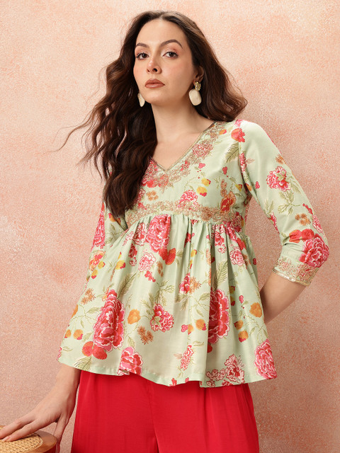 all about you Ethnic Motifs Printed Zari Work Pleated A-Line Kurti